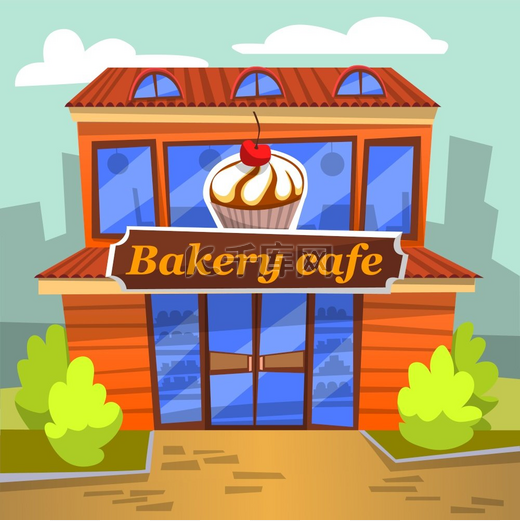 由木板装饰的面包店咖啡厅，配有甜点和全景窗户、糖果和美味食品店。图片