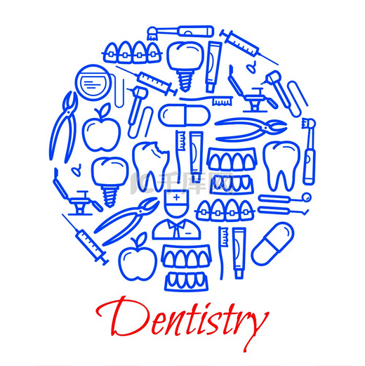 牙科概念细线图标的牙科海报牙科医生用牙齿牙膏或牙刷和植入物钳子和带正畸注射器的医疗椅的矢量设计牙科图标矢量海报图片