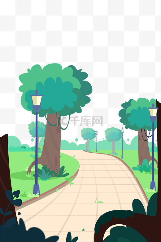 公园小路道路路灯树木大树图片