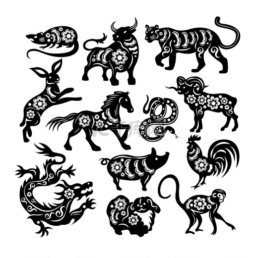 从黑纸上剪下的神圣动物的中国十二生肖数字设置在白色背景孤立的矢量图上图片