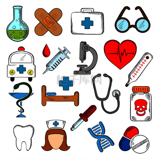医学和健康图标设置医院和药房标志、护士和救护车、急救箱和药丸、注射器、听诊器和心电图、牙齿和眼镜、dna、药物和显微镜。图片