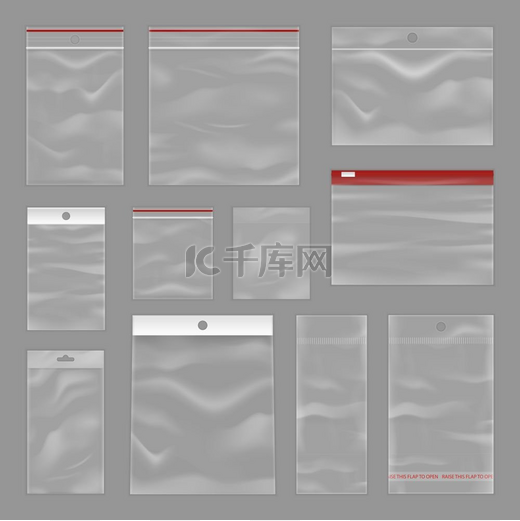 透明拉链袋逼真套装透明塑料可重复使用可重新闭合和可重新密封的拉链口袋袋系列灰色背景逼真矢量图图片