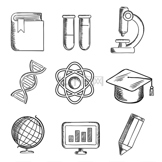 教育和科学素描图标与地球仪、dna、原子、书籍、烧瓶和管子、显微镜、铅笔、计算机和学术帽。图片