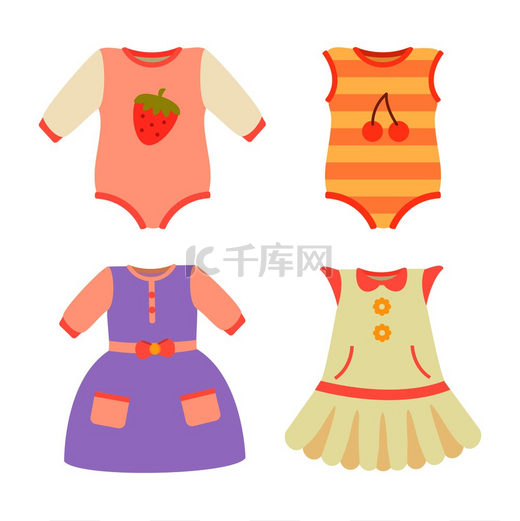 婴儿服装系列、带裙子和口袋的海报、带浆果的弹力带和套头衫、婴儿服装矢量插图，以白色隔离。图片