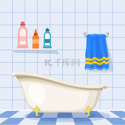 矢量图的瓷砖地板上的老式浴缸与塑料瓶洗发水和墙上的蓝色毛巾。图片
