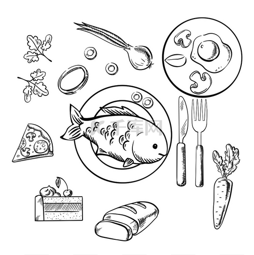 新鲜的晚餐食物，上面有素描矢量图标，如蛋糕、蔬菜、煎蛋、比萨饼和切片面包，周围是一盘鱼。图片