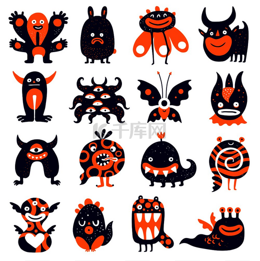 有趣的怪物大集蝴蝶恐怖植物悲伤兔子螺旋黑色橙色生物孤立矢量插图趣味怪兽套装图片