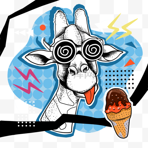 杂志文化风格的明亮彩色拼贴画戴着眼镜和冰淇淋的滑稽长颈鹿图片