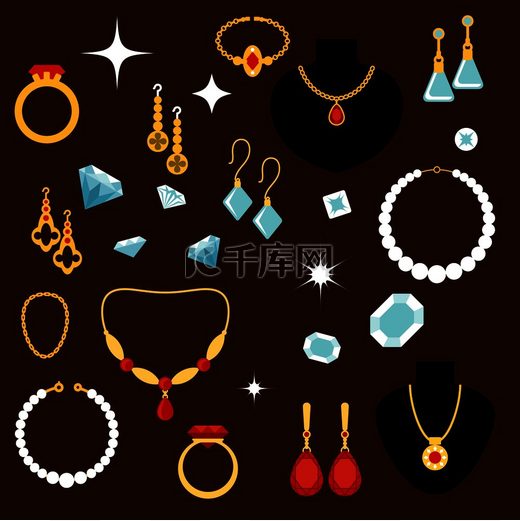 奢华珍贵珠宝平面图标的戒指、项链、带吊坠的链子、耳环和手镯，镶嵌着钻石、红宝石、珍珠和蓝宝石。图片