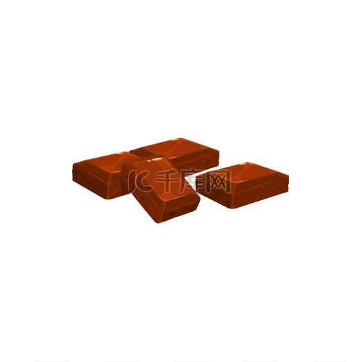 巧克力块、黑巧克力或牛奶巧克力糖果方块、矢量隔离图标。图片