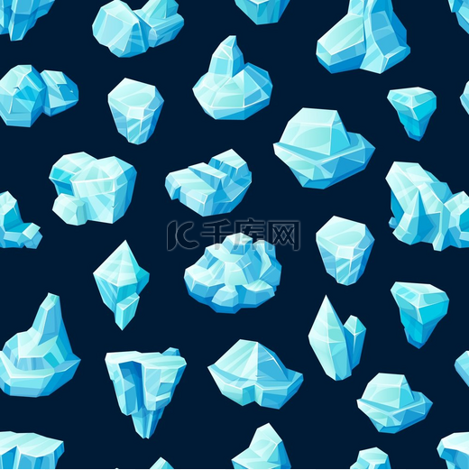蓝色冰块和水晶无缝图案矢量背景有卡通的冰冻块冰山魔法石和冰浮冰或石笋带有冰帽的抽象图案蓝色冰块或水晶无缝矢量图案图片