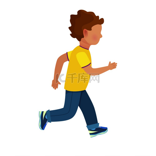 穿着黄色 T 恤、牛仔裤和运动鞋的无脸小男孩在白色背景上快速逃跑孤立的矢量插图。无脸小男孩跑孤立插图图片