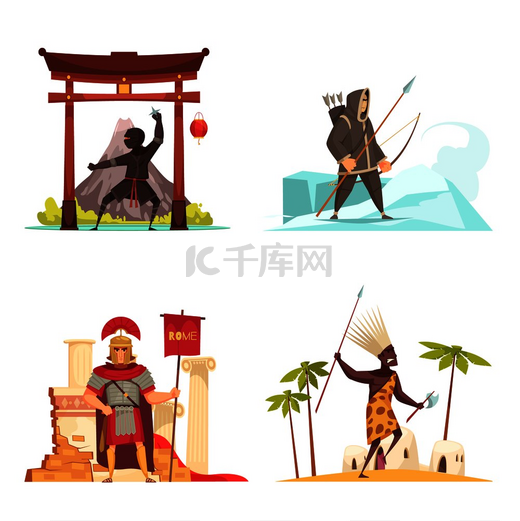 古代战士概念图标与国家武器平面矢量插图图片