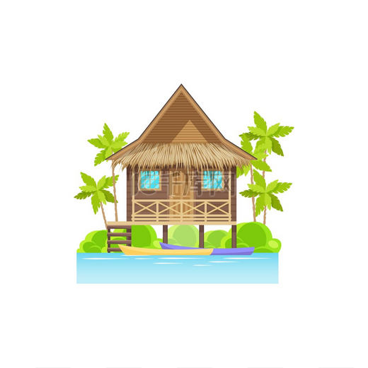 海上或海洋上的木屋，有独木舟，棕榈树与世隔绝。图片