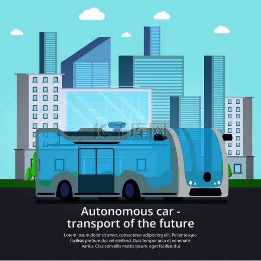 未来平面广告海报的自主无人驾驶运输车辆与无人驾驶巴士在城市街道矢量图上的展示。图片