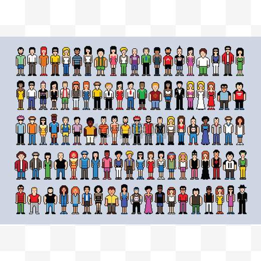 组的 100 像素艺术人头像，视频游戏风格矢量图图片