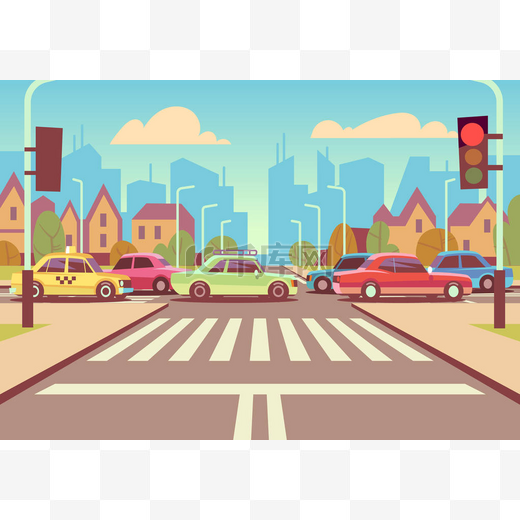 卡通城市十字路口与汽车在交通堵塞, 人行道, 人行横道和城市景观矢量插图图片