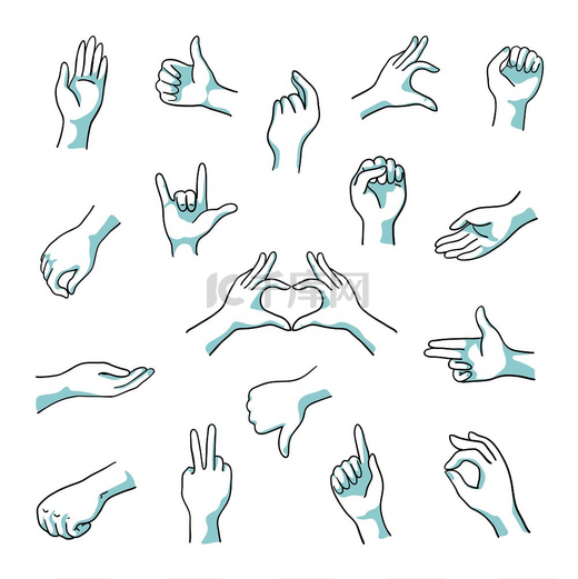 涂鸦手势手指拳头和手臂画出线条符号数字拇指向上和类似的手势矢量轮廓手绘手势涂鸦手势手指拳头和手臂画出线条符号数字拇指向上和类似的手势矢量手绘手势图片