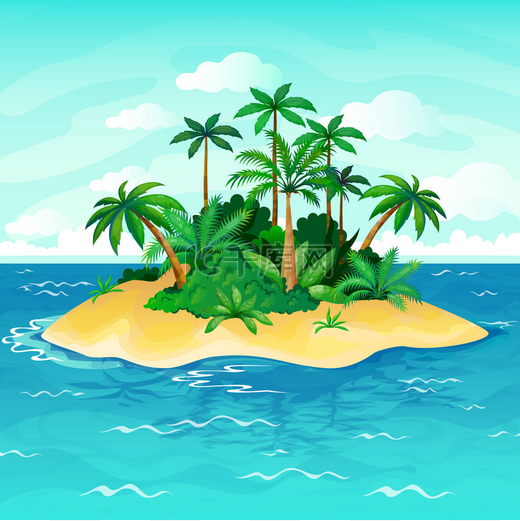 海洋岛卡通。棕榈树海无人居住的海岛天空沙滩阳光全景看法孤独热带自然例证图片