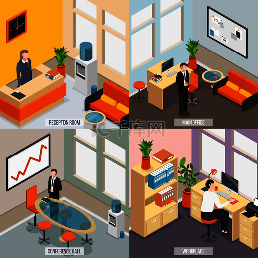 四个正方形等距办公室图标集，带有接待室主办公室会议厅和工作场所描述矢量图图片