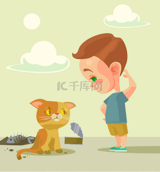 小男孩和无家可归的猫。矢量平面卡通插画图片