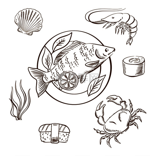 海鲜熟食，包括虾、寿司卷、螃蟹、​​握寿司、海藻和贝类，与柠檬片和沙拉叶一起放在盘子里。图片