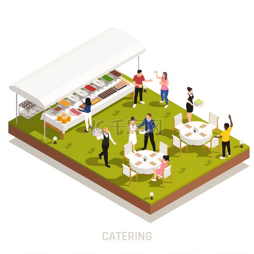 后院婚礼招待会提供户外自助餐，服务员在草地等距矢量图上提供餐桌服务图片