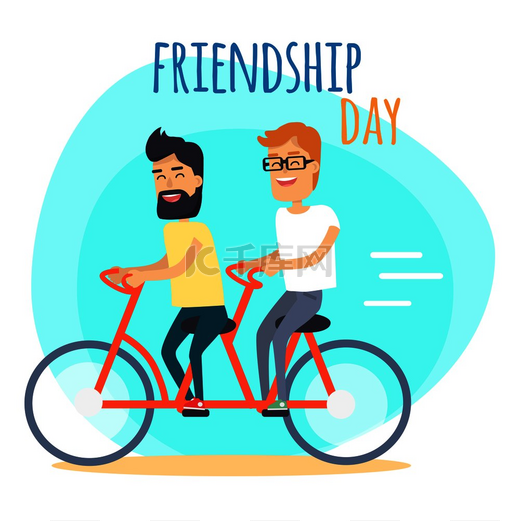 友谊日两个最好的朋友一个深色头发戴着珠子另一个红发戴着眼镜骑着蓝色背景的双自行车有标志友谊日宣传海报的矢量图友谊日双人自行车上的两个好朋友图片