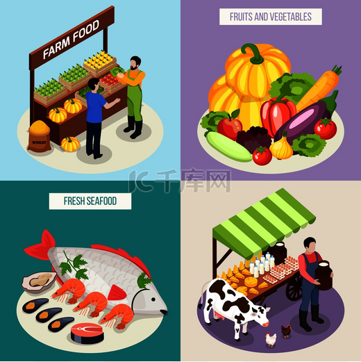 农贸市场22设计概念集新鲜海鲜乳制品水果和蔬菜等距矢量图图片