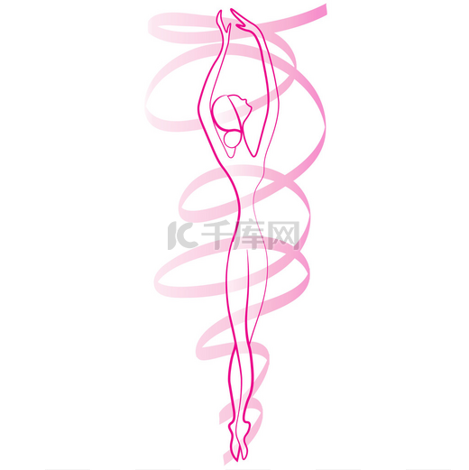 体操运动员表演磁带的剪影。图标可以作为女性健康生活方式的象征。舞蹈图标。芭蕾舞在舞蹈剪影图片