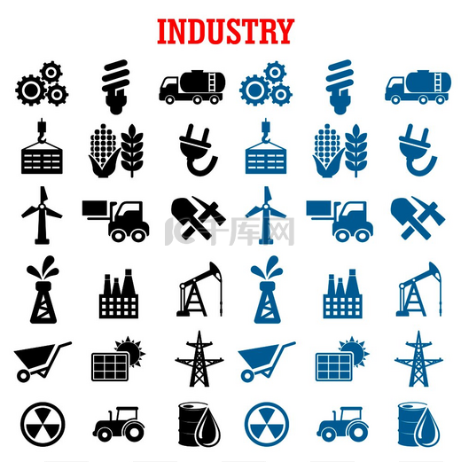 工业和能源平面图标，包括油泵和油桶、炼油厂和拖拉机、玉米、小麦、辐射、太阳能电池板和齿轮、燃料和叉车、灯泡和铲子、风力涡轮机和采矿、电力。图片