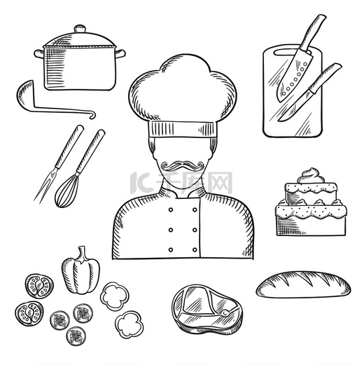 厨师专业手绘设计与素描的人在厨师帽和外衣配面包、牛排、带勺子的锅、分层蛋糕、切片新鲜蔬菜、带刀、搅拌器和叉子的砧板。图片