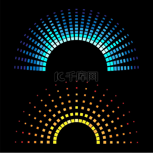 彩色均衡器半圆形声波在黑色背景上隔离的彩色均衡器半圆声波矢量插图图片