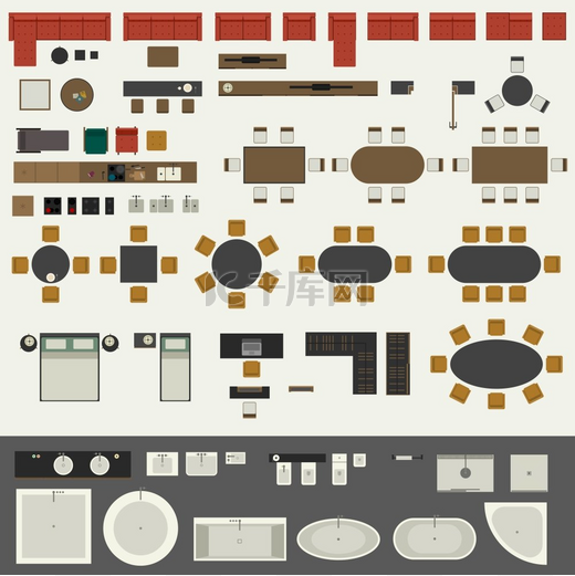 家具套装内部元素的图标集俯视图客厅厨房卧室浴室的家具和元件图片