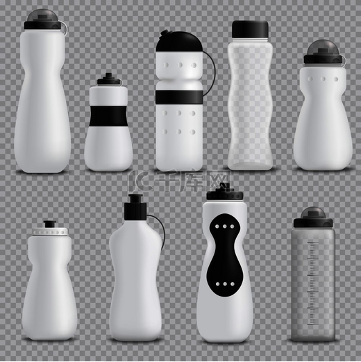 健身跑步搅拌器和运动水瓶各种形状的白色逼真对象收集透明背景矢量插图。图片