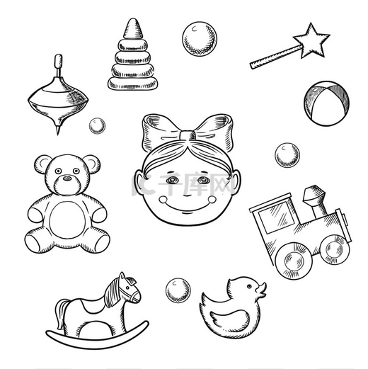 带有蝴蝶结的小女孩头轮廓的幼稚图标，周围环绕着她的玩具，如熊、马、鸭子、拨浪鼓、火车、球、金字塔和陀螺。图片
