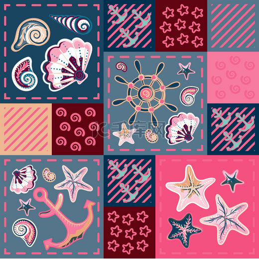 Nautical marine patchwork seamless pattern with shells, starfish, anchor and wheel. Sea life图片