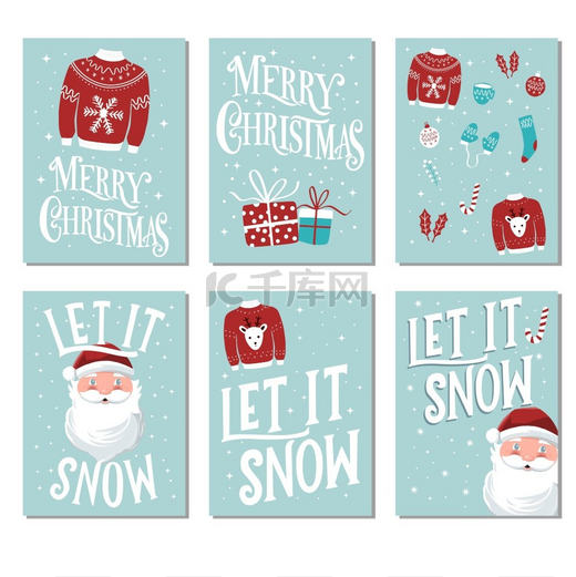 圣诞和新年卡片模板与圣诞老人和手绘字体排版的集合。图片