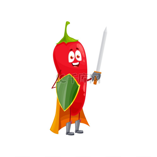 卡通辣椒超级英雄孤立的矢量图标有趣的蔬菜，童话骑士角色披着斗篷，带着盾牌和剑。图片