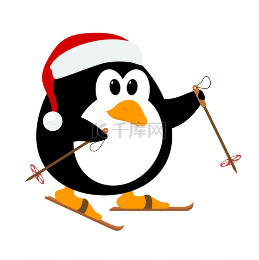 可爱的小企鹅戴着圣诞老人的帽子在滑雪板上的矢量插图。图片