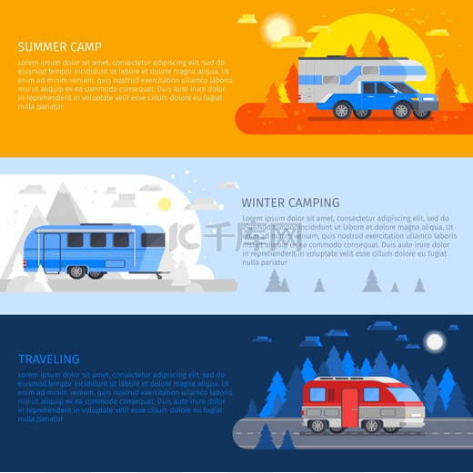 休闲车横幅套装三色水平房车横幅配有冬季露营夏令营和旅行描述矢量图图片