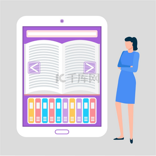 拿着大电子书矢量站着的人，穿着正装的孤立女士，带图书馆的电子书和出版平面式设备的页面。图片