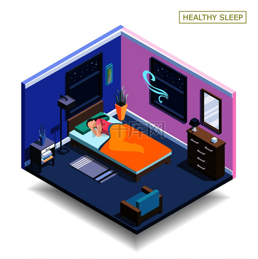 在家庭室内矢量插图中，夜间休息时具有人性的全睡眠等距组合。图片