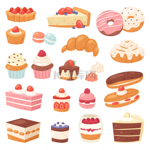 蛋糕矢量巧克力糖果蛋糕和甜甜点与结块糖果插图配制甜甜圈与 chococream 和糖果在面包店设置隔离的白色背景图片