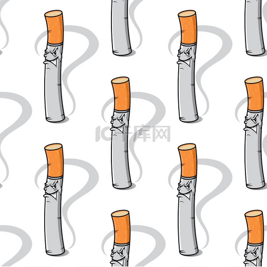 无缝背景图案是邪恶的小香烟，带有令人讨厌的微笑和从尖端飘出的烟雾，方形格式，卡通矢量插图在白色上隔离。图片