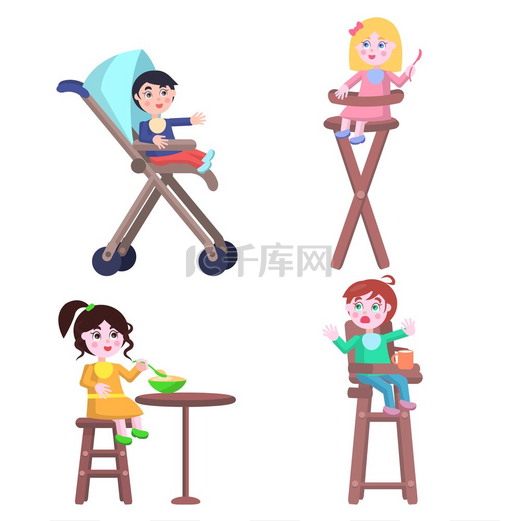 一组不同的孩子，两个男孩和两个女孩要食物，吃或哭，其中三个坐在高脚椅上，一个坐在婴儿车里。图片