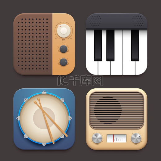 FM 收音机、钢琴和鼓音乐应用程序界面图标。图片