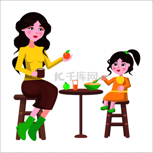 年轻的母亲坐在椅子上喝咖啡，给女儿递橙子，而她蹒跚学步的小孩则吃粥。图片