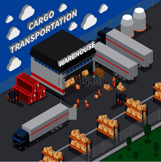 货物运输等距组合与仓库、停车场、货物货架、卡车矢量图中的装载包裹。图片