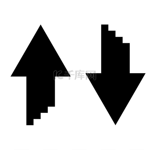 两个箭头具有汇总三维效果用于上传和下载图标黑色图片